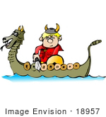 #18957 Viking Boy With A Sword Riding In A Dragon Boat Clipart