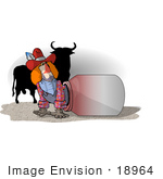 #18964 Rodeo Clown Crawling Out Of A Container A Bull In The Background Clipart