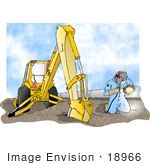 #18966 Man Kneeling And Welding By A Backhoe And Pipes At A Construction Site Clipart