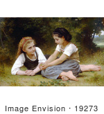 #19273 Photo Of Two Girls Sitting In Grass The Nut Gatherers By William-Adolphe Bouguereau