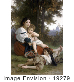#19279 Photo Of A Woman And Her Two Children Resting By Trees Rest By William-Adolphe Bouguereau