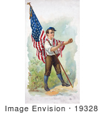 #19328 Photo Of A Patriotic Boy Leaning An American Flag Pole On His Chest Clenching His Fists