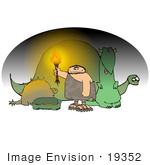 #19352 Caveman Holding A Torch In A Cave Full Of Friendly Dinosaurs Clipart