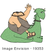 #19353 Caveman Waving While Sitting On A Resting Dinosaur Clipart