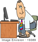 #19389 Sick Or Depressed Business Man Slouching While Sitting At A Computer Desk At Work Clipart
