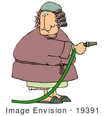 #19391 Woman With Her Hair In Curlers Wearing A Robe Using A Water Hose Clipart