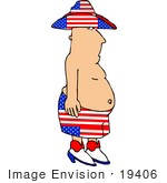 #19406 Chubby Man Wearing American Flag Patterned Hat And Shorts On The Fourth Of July Clipart