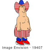 #19407 Chubby Blond Man Wearing American Flag Patterned Hat And Shorts On Independence Day Clipart