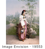 #19553 Photo of a Woman in Traditional Clothing, Standing by a Gate and a Sheep, Sarajevo, Bosnia by JVPD