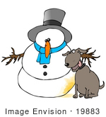 #19883 Clipart Ilustration Of A Dog Sitting By A Snowman That He Just Urinated On