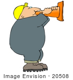 #20508 Clipart Of A Man In A Hardhat Talking Through A Construction Cone