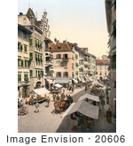 #20606 Historical Photochrome Stock Photography Of A Street Scene Of Pedestrians And Carriages At A Market In Tyrol Austria