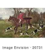 #20731 Stock Photography Of A Man Fox Hunting On Horseback Surrounded By Dogs