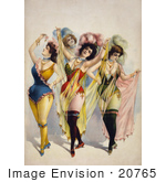 #20765 Stock Photography of Four Chorus Girl Women in Brief Costumes and Tights, With Feathers in Their Hair by JVPD