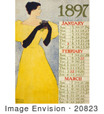#20823 Stock Photography Of A Woman In A Yellow Dress Standing By Calendars Of January February And March Of 1897