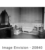 #20840 Stock Photography of a Hamper, Sink, Clawfoot Bath Tub, Toilet and Vanity in a Large Bathroom  at the Harrison Gray Otis House on Beacon Hill in Boston, Massachusetts by JVPD