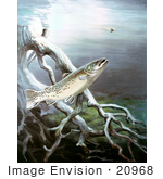 #20968 Clipart Image Illustration of a Brown Trout Fish Swimming by Underwater Tree Roots by JVPD