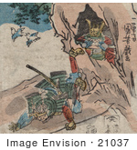 #21037 Stock Photography Of A Samurai Falling In Front Of A Cave Of Treasure