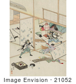 #21052 Stock Photography Of Two Samurai Men Wrecking The Interior Of A House During A Sword Fight