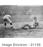 #21130 Stock Photography Of A Baseball Player Sliding For Third Base As A Fielder Reaches For The Ball