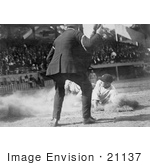 #21137 Stock Photography Of An Umpire Watching As A Baseball Player Slides For Home Plate