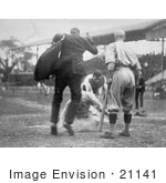 #21141 Stock Photography Of An Umpire Waiting As A Baseball Player Steals Home Base
