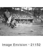 #21152 Stock Photography Of Lou Gehrig Sliding For Home Plate While Catcher Hank Severeid Waits For The Ball