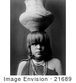 #21689 Stock Photography Of A Pueblo San Ildefonso Girl Balancing A Jar On Her Head