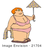#21704 Clipart Of A Chubby Woman Wearing A Pink Bikini And Holding A Towel And Umbrella On A Beach