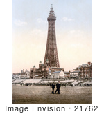 #21762 Historical Stock Photography Of People Strolling On The Beach Near The Blackpool Tower In Blackpool Lancashire England
