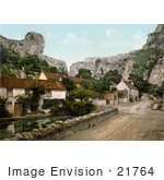#21764 Historical Stock Photography Of The Lion Rock Cliffs And Village Buildings Of Cheddar England