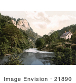 #21890 Historical Stock Photography Of The Tor Cottage (High Tor Hotel) On The River Derwent With A View Of The High Tor Matlock Derbyshire England