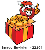 #22294 Clip Art Graphic Of A Red Apple Cartoon Character Standing By A Christmas Present
