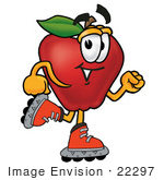 #22297 Clip Art Graphic Of A Red Apple Cartoon Character Roller Blading On Inline Skates