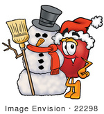 #22298 Clip Art Graphic Of A Red Apple Cartoon Character With A Snowman On Christmas