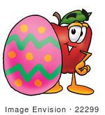 #22299 Clip Art Graphic Of A Red Apple Cartoon Character Standing Beside An Easter Egg