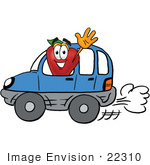 #22310 Clip Art Graphic Of A Red Apple Cartoon Character Driving A Blue Car And Waving