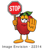 #22314 Clip Art Graphic Of A Red Apple Cartoon Character Holding A Stop Sign