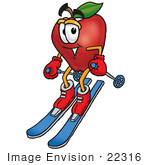 #22316 Clip Art Graphic Of A Red Apple Cartoon Character Skiing Downhill