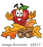 #22317 Clip Art Graphic Of A Red Apple Cartoon Character With Autumn Leaves And Acorns In The Fall