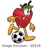 #22318 Clip Art Graphic Of A Red Apple Cartoon Character Kicking A Soccer Ball
