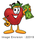#22319 Clip Art Graphic Of A Red Apple Cartoon Character Holding A Dollar Bill