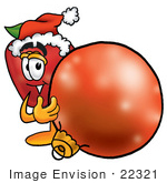#22321 Clip Art Graphic Of A Red Apple Cartoon Character Wearing A Santa Hat Standing With A Christmas Bauble