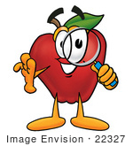 #22327 Clip Art Graphic Of A Red Apple Cartoon Character Looking Through A Magnifying Glass
