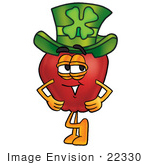 #22330 Clip Art Graphic Of A Red Apple Cartoon Character Wearing A Saint Patricks Day Hat With A Clover On It