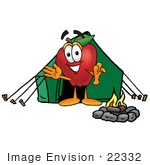 #22332 Clip Art Graphic Of A Red Apple Cartoon Character Camping With A Tent And Fire