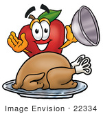 #22334 Clip Art Graphic Of A Red Apple Cartoon Character Serving A Thanksgiving Turkey On A Platter