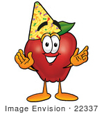 #22337 Clip Art Graphic Of A Red Apple Cartoon Character Wearing A Birthday Party Hat