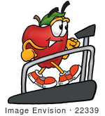 #22339 Clip Art Graphic Of A Red Apple Cartoon Character Walking On A Treadmill In A Fitness Gym
