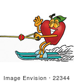 #22344 Clip Art Graphic Of A Red Apple Cartoon Character Waving While Water Skiing